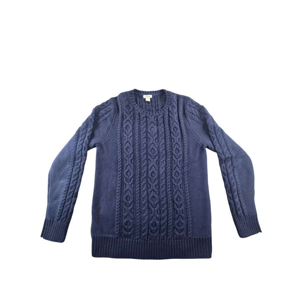 LL Bean Mens Navy Blue Cable Knit Crewneck Sweater Small Regular Fisherman